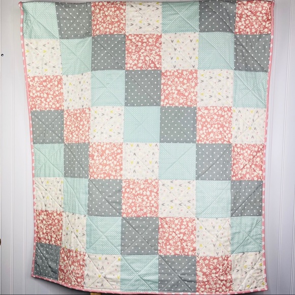 Handmade Easter / Spring Quilt Dusty Rose Blue Polka Dot Nursery Baby Bedding - Picture 7 of 11